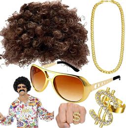 Party Supplies PESENAR 4 Piece Hippie Costume Set Wig Sunglasses Fashion Afro Disco Accessories Gold Chain