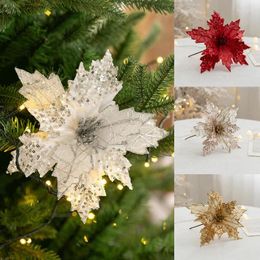 Decorative Flowers 1PC Artificial Poinsettia Xmas Tree Glitter Floral Ornaments Hanging Pendant Merry Christmas Year Home Decorations