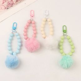 Candy Color Plush Ball Beads Keychain Phone Anti-loss Cord Chain Bracelets Pendants Keyrings Headphone Box Bags Accessories Gift