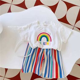 Clothing Sets Girls Rainbow Clothes Sets Summer Children Short Sleeve Suits Baby Kids T-shirt Tops+Pants 2Pcs Teenage Thin Outfits 1-8 Years Y2405202LUW