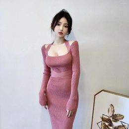 Casual Dresses Sexy Halter Square Neck Knit Dress Chic Cross Waistband Design Party Fashion Vestido Women Elastic Robe Y2k B54