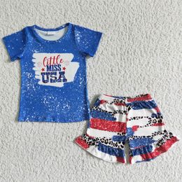little miss usa prints Blue short sleeves with blue, red and white leopard print lace shorts kids clothing sets girls