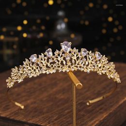 Hair Clips Trendy Gold Color Flower Zircon Rhinestone Crown Wedding Accessories Bridal Headpiece Ornaments Bride Tiara Gift