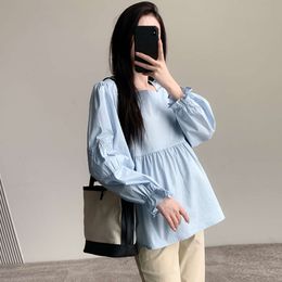 Spring and Autumn Pregnant Women's Blue Top Puff Sleeve Square Collar Fashion Maternity Cotton Shirts Loose Pregnancy Blouses L2405