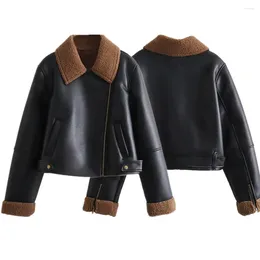 Women's Jackets Maxdutti British Fashion Retro Contrast Boyfriend Leather Coat Female Style Fleece Jacket American Motorcycle