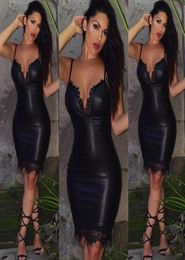 Fashion Casual Women Ladies Sexy Dresses PU Leather Summer Evening Party Club V Neck Mini Bodycon Skinny Dress Black sell7747987