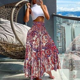 Skirts Summer Fashion High Waist Thin Printing Female Commute Elegant Elastic Bohemia Holiday A-line Skirt Versatile Dress