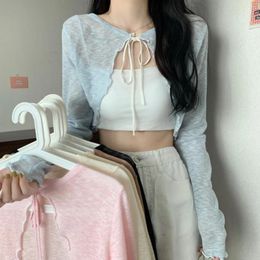 Women's Knits Fashion Solid Cropped Cardigan Women Summer Thin Sunscreen Lace-Up Knitwear Tops Female Korean Style Long Sleeve Short Coats