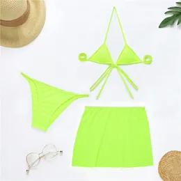 Work Dresses BKLD Summer Vacation Clothes Fashion Neon Mesh Sheer Three Piece Set Lace-up Crop Top And Short Skirt With Panties Beach