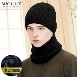 Berets Winter Hats Neck Warmer Knitted Hat Scarf Set Fur Wool Lining Thick Warm Knit Beanies Balaclava For Men Women Cap