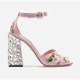 Free shipping 2019 Ladies patent diamond Chunky high heel peep-toes Buckle Strap paisley Printed Rose Flower SAN da4