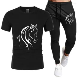 Men's Tracksuits Horse Funny Printing Male Tshirts 2 Pieces Sets Tracksuit Clothes Two Street Tee O-Neck Tshirt