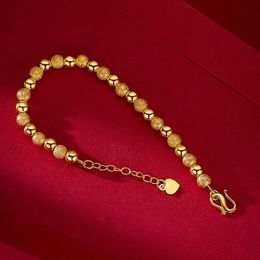 Real 18K Gold 6mm Round Bead Chain Bracelet Pure Adjustable Classic Wedding for Women Fine Jewellery Gift 240507
