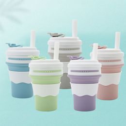 Collapsible 350ML Silicone Folding Mugs Creative Straw Tumblers Cups Leak Proof Cover Coffee Travel Outdoors Hiking Portable Telescopic Water Silica Drinking Tea