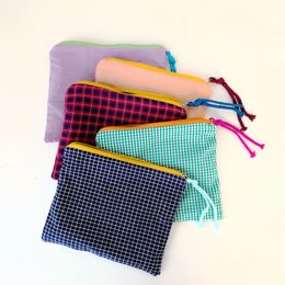 Plaid Cosmetic Bag Ins Japanese And Korean Simple Storage Document Bag Contrasting Color Cotton Plaid Large Capacity Pencil Case