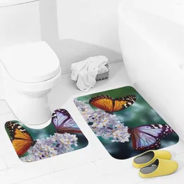 Bath Mats Bathroom Rugs Sets 2 Piece Beautiful Butterflies Absorbent U-Shaped Contour Toilet Rug