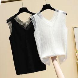 Large Plus Size 3XL 4XL Women Knitted Vest Top 2023 Summer Lace Patchwork Sweater Tanks Camis Y2K Sexy Street Clothing 240516