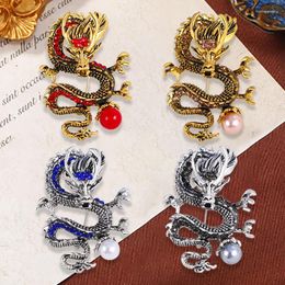 Brooches Rhinestone Zodiac Dragon Pearl Brooch Vintage Chinese Animal Corsage For Women Men Clothing Coat Jewelry Party Accessories