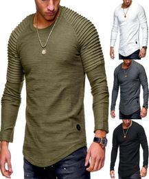 Solid Color Pleated Shirts Patch Long Sleeve Blouse TShirt Men Spring Casual Tops Pullovers Fashion Slim Basic Men039s TShirt2670974