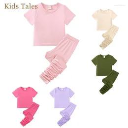 Clothing Sets Kids Baby Girl Summer Outfit Toddler Pure Color Short Sleeve Sweatshirt T-Shirt Tops With Leggings Pant 2Pieces For Children