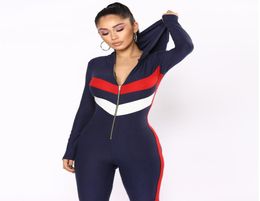 Contast Colour Sexy Skinny Jumpsuit Women Long Sleeve Deep VNeck Bodycon Romper Retro Front Zipper Hooded Party Catsuit SXL3103037