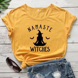 Women's T Shirts Summer Namaste Witches T-shirts Women Crewneck Funny Graphic Cotton Workout Tee Shirt Top Stylish Halloween Holidays Gift