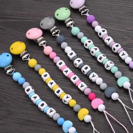 Pacifier Holders Clips# Personalised Name Baby Nipple Chain Clip Silicone Teeth Wood Beads Baby Nipple Chain Clip d240522