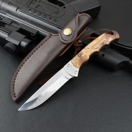 Top Quality Survival Straight Hunting Knife 7Cr17Mov Satin Straight Point Blade Full Tang Shadow Wood Handle Fixed Blade Knives with Leather Sheath