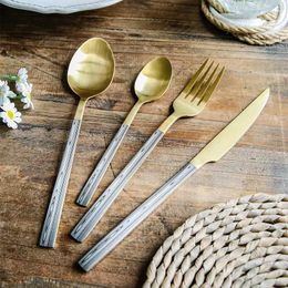 Dinnerware Sets Kitchen Stainless Steel Cutlery Set Imitation Wood Grain Square Handle Tableware Knife Fork Coffee Spoon Household