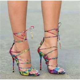 Women New Fashion Colourized Snakeskin Cross Strappy Thin Heel Sexy Lace-up Mix-colors Straps Gladiator Sand 86c