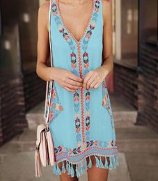 2021 New Fashion Dresses Women Vneck Bohemia Tassel Dress Casual Print Sleeveless Beach Mini clothes robe Summer Dresses6842408