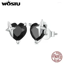 Stud Earrings WOSTU 925 Sterling Silver Big Heart Star For Women Cool Black Zircon Punk Ear Studs Fashion Jewellery Party Gift