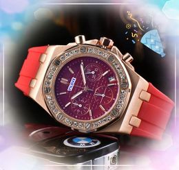 Hip Hop diamonds ring watch women's quartz Movement clock business casual cool Colourful rubber strap calendar 3 eyes designer rose gold silver case watches Gifts