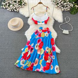 Summer Holiday Runway 2 Pieces Set Womens Spaghetti Strap Padded Cup Back Zipper Flower Print Short Tops Long Skirt Suit 240514