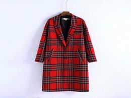 Women Vintage Winter Red Plaid Coat Long Woollen Singlebreasted Female WideWaisted Wool Coats Jacket Parka 2010305949686