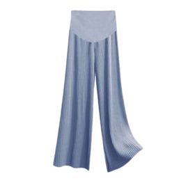 Maternity Ice Silk Wide-Leg Pants for Summer, Loose and Thin with Pleats Nine-Point Pregnancy Trousers L2405