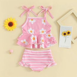 Clothing Sets Baby Girl Swimsuit 2 Piece Set Sleeveless Floral Print Tie Up Top High Waist Ruffle Shorts Bathing Suit Beach Wear