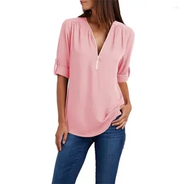 Women's Polos Women Shirts V-neck Zipper Large Size Women's Long-sleeved Sleeved Loose Snow Spinning Shirt Tops