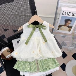 Clothing Sets 2024 Baby Girls Summer Set Sweet Lace Flowers Shirts Plaid Pants Kids Princess Birthday 2pcs Suits Children Clothes