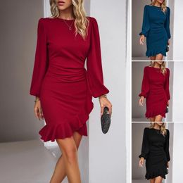 Casual Dresses European And American Foreign Trade Women's Clothing Independent Station Temperament Puff Sleeve Clean Color Dress