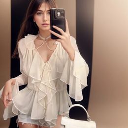 Mesh Tie Up Crop Tops Women Long Flare Sleeve V Neck Ruffle Tops and Blouse Summer See Through Sexy Casual Shirts Female 240518
