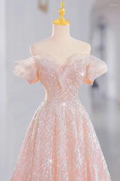 Party Dresses A-Line Pink Cocktail Ruffle Shiny Sequins Lace-up Wedding Prom Off Shoulder Graduation Celebrity Evening Gowns