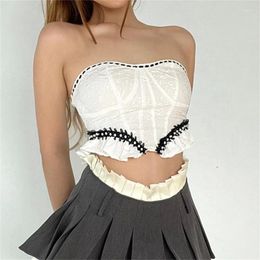 Women's Tanks B36D Women Sexy Bare Shoulder Ruffle Bottom Bodycon Crop Tube Top Ruched Textured Pearl Beaded Strapless Bandeau Vests