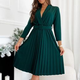 Casual Dresses Autumn Solid Loose Midi For Women Long Sleeve V Neck Pleated Dress With Belt Suit Collar Formal Evening Gown