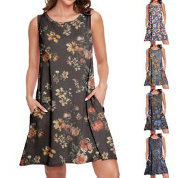 Casual Dresses For Women Beach Floral Tshirt Sundress Sleeveless Pockets Loose Tank Petite Summer