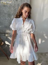 Party Dresses Clacive Summer Loose White Cotton Dress Ladies Casual V-Neck Short Sleeve Mini Elegant Classic Lace-Up For Women