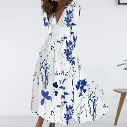 Casual Dresses A-line Long Dress V-neck Elegant Floral Print Maxi Sleeve High Waist Gown For Women