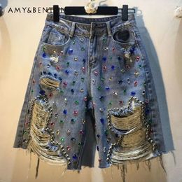 Women's Jeans 2024 Summer European Goods Exquisite Rhinestone Beaded High Waist Slimming Holes Straight Cropped Pants Middle