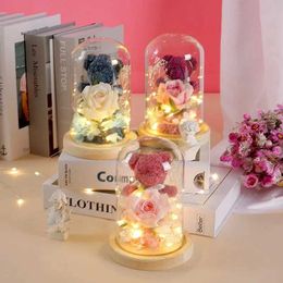 Decorative Objects Figurines Valentines Day Gift for Girlfriend Eternal Rose LED Lantern Illumination Decoration Wedding Creative Mother H240522