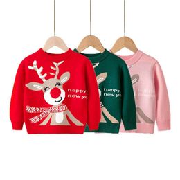 Christmas Children s Sweater Long Sleeve Cartoon Xmas Deer Baby Jacquard Cashmere Warm Round Neck Pullover Knitwear Kids Clothes L